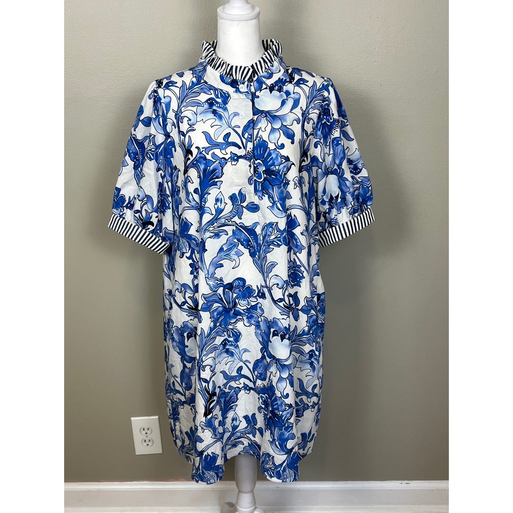 Jodifl Womens Blue White Floral Shift Dress Striped Ruffle Trim Size Large